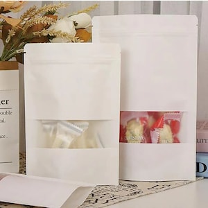 500 pièces, 13 x 22,5 cm, emballage pour produits faits main, sacs blancs avec fenêtre transparente, fond plat, blanc, déchirure, emballage de stockage de nourriture pour aliments