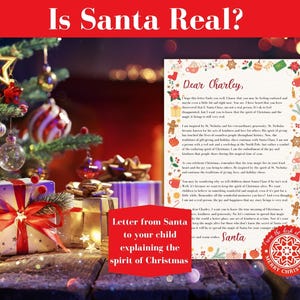 Könnte beinhalten: Ein gedruckter Brief mit der Überschrift Dear Charley und einem dekorativen Rand aus Weihnachtssymbolen wie Lebkuchenmännern, Strümpfen und Geschenken. Der Text erklärt den Geist von Weihnachten. Ein rotes Siegel trägt den Text From the desk of Santa.