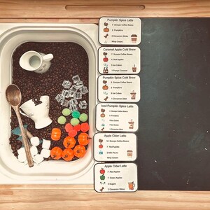 K&ouml;nnte beinhalten: Eine Sensorik-Box gef&uuml;llt mit dunklen Kaffeebohnen, einem Holzl&ouml;ffel, einem wei&szlig;en Keramikkrug, einer wei&szlig;en Teetasse, durchsichtigen Acryl-Eisw&uuml;rfeln, kleinen orangefarbenen K&uuml;rbissen und gr&uuml;nen Pompons. Sechs Rezeptkarten listen Zutaten f&uuml;r Getr&auml;nke auf.