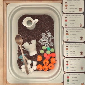 K&ouml;nnte beinhalten: Eine Sensorik-Box gef&uuml;llt mit dunklen Kaffeebohnen, einem wei&szlig;en Keramikkrug, einer wei&szlig;en Teetasse, einem Holzl&ouml;ffel, durchsichtigen Acryl-Eisw&uuml;rfeln, kleinen orangefarbenen Kunststoffk&uuml;rbissen und wei&szlig;en Pompons. Sechs Rezeptkarten listen Zutaten auf.
