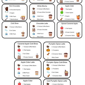 K&ouml;nnte beinhalten: Eine Sammlung von f&uuml;nfzehn rechteckigen Rezeptkarten f&uuml;r verschiedene Getr&auml;nke, darunter Hot Coffee, Latte, Iced Caramel Macchiato, Hot Chocolate, White Mocha, Apple Cider, Cold Brew, Chocolate Latte, Spiced Caramel Apple und Pumpkin Spice.