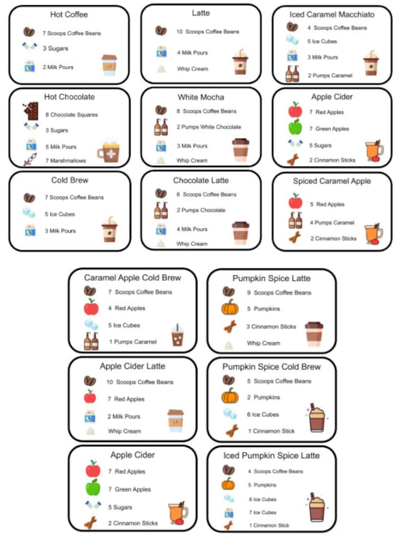K&ouml;nnte beinhalten: Eine Sammlung von f&uuml;nfzehn rechteckigen Rezeptkarten f&uuml;r verschiedene Getr&auml;nke, darunter Hot Coffee, Latte, Iced Caramel Macchiato, Hot Chocolate, White Mocha, Apple Cider, Cold Brew, Chocolate Latte, Spiced Caramel Apple und Pumpkin Spice.