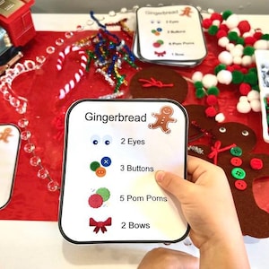 Könnte beinhalten: Festliche Szene mit Bastelmaterialien zum Thema Lebkuchen. Das Bild zeigt eine Karte mit dem Text "Gingerbread" und Anweisungen zum Dekorieren von Lebkuchenmännern. Enthält Knöpfe, Pompons und eine Spielzeugeisenbahn.