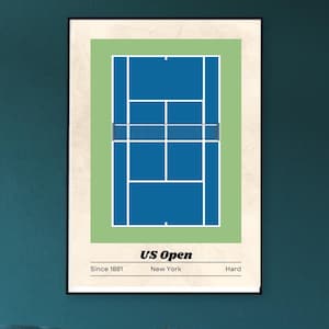 Puede incluir: Un diseño de póster minimalista que presenta una cancha de tenis azul con líneas blancas y una red. El póster tiene el texto "US Open" en letras negras en negrita, "Since 1881", "New York" y "Hard" en texto negro.