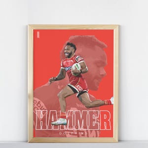 Könnte beinhalten: Gerahmter Kunstdruck mit einem Rugby-Spieler in roter Uniform, der mit einem Ball rennt. Das Wort "HAMMER" steht unten, darunter "DOLPHINS". Der Hintergrund ist rot.