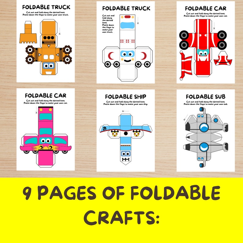 9 Foldable Vehicles Kids Crafts 9 Pages, Homeschool Preschool, Montessori, Kindergarten