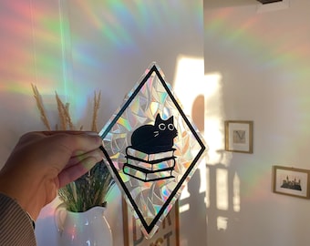 Books - Cat - Window Cling Sun Catcher - Rainbow Maker - Window Cling Suncatcher - Window Suncatcher Sticker - Rainbow Window Sticker