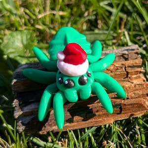 May include: A handmade green spider figurine with eight legs, black eyes, and a red and white Santa hat. The spider is resting on a piece of wood, set against a backdrop of green grass. A festive holiday decoration.