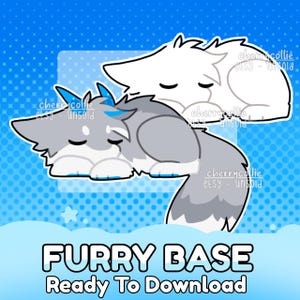 Puede incluir: Ilustración digital de dos animales peludos estilizados, uno gris y otro blanco, sobre un fondo azul. El texto "FURRY BASE Ready To Download" está en la parte inferior. La imagen tiene un estilo de dibujos animados.