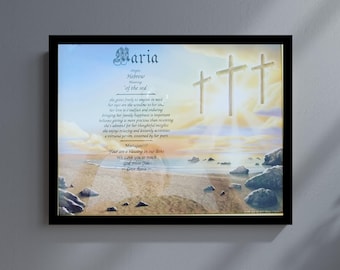 Custom Name Meaning Print - Three Crosses Beach Theme, Personalized Christian Gift, Faith-Inspired Wall Art, Religious Name Decor, Art Print