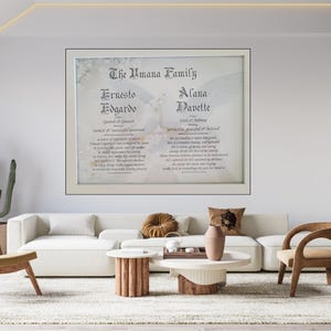 May include: A framed print with a white background and a grey butterfly design. The text "The Umiana Family" is at the top of the print. The names "Ernesto Edguardo" and "Alana Davette" are below the butterfly. The print is in a white frame.