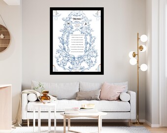 Custom Baby Name Meaning Print - Vintage Blue Frame, Personalized Newborn Gift, Elegant Birth Announcement, Baby Boy Nursery Decor Wall Art