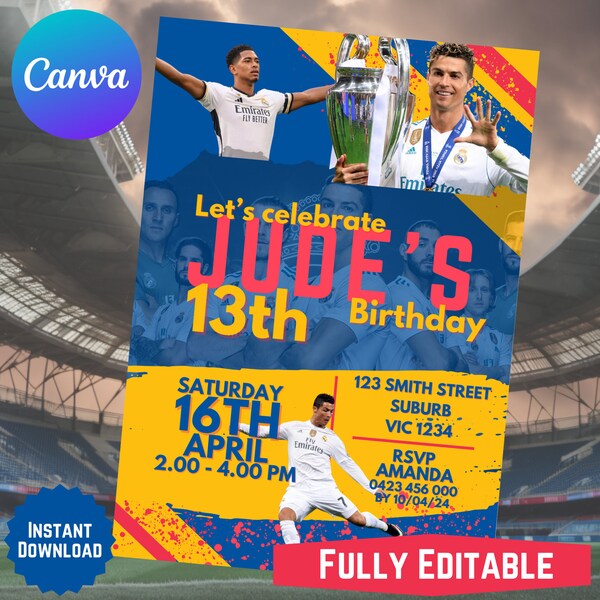 REAL MADRID Birthday Invitation, Party Invite, Soccer, Bellingham, Ronaldo, Football, Banner, Instant Download, Canva editable template