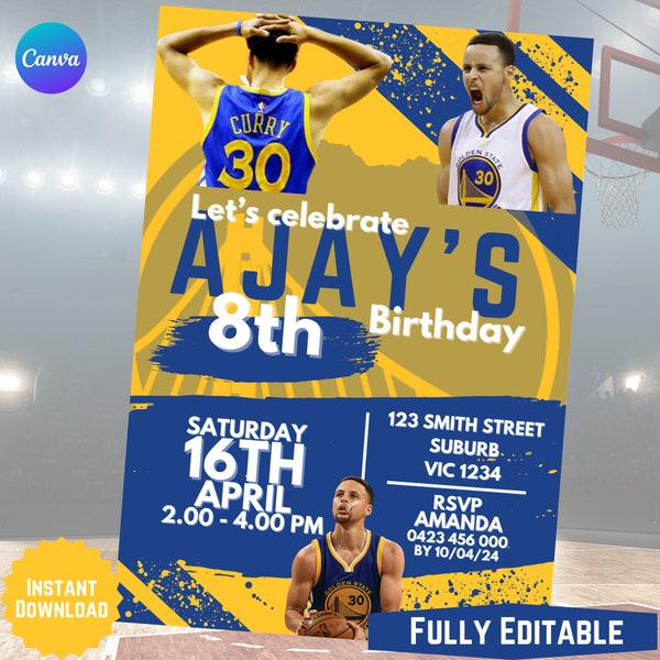 GOLDEN STATE WARRIORS Birthday Invitation, Steph Curry, Party Invite, Basketball, nba, Instant Download, Canva editable template