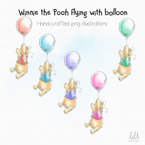 Winnie the Pooh Flying with Balloon, Hand-drawn Winnie the Pooh PNG Illustrations, Classic Style Winnie the Pooh Clipart, L035