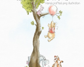 Hand-drawn Winnie the Pooh and Friends PNG Illustration, Classic Style Winnie the Pooh Clipart, Hand painted Winnie the Pooh, L029
