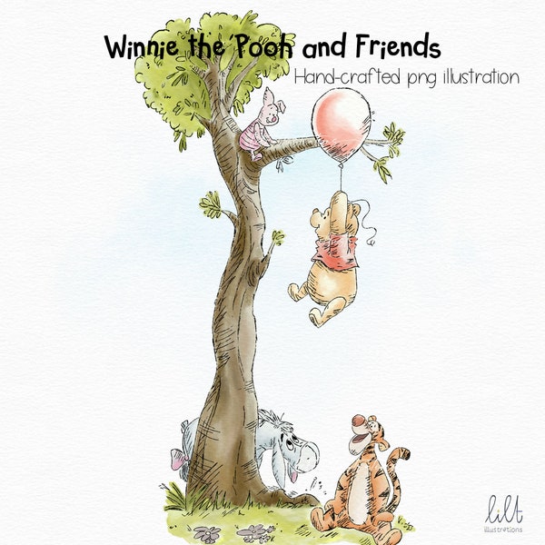 Hand-drawn Winnie the Pooh and Friends PNG Illustration, Classic Style Winnie the Pooh Clipart, Hand painted Winnie the Pooh, L029