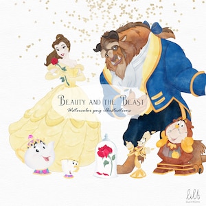 Belle en het beest aquarel clipart, prinses Belle afdrukbare clipart, Belle en het beest PNG-illustraties, kinderdagverblijfproject, L028