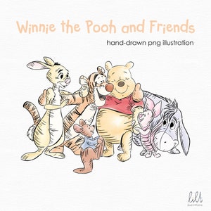 Handgetekende Winnie de Poeh en vrienden-clipart, handgetekende PNG-illustratie, hoge resolutie PNG, klassieke Winnie de Poeh-clipart, L041