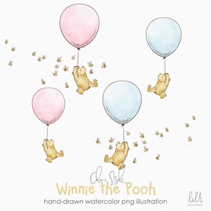 May include: A watercolour illustration of Winnie the Pooh, featuring three bears holding onto pink and blue balloons. The bears are flying through the air with a swarm of bees around them. The text "Winnie the Pooh" is written in cursive at the bottom of the image.