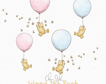 Watercolor Classic Style Winnie the Pooh Flying with Balloon Clipart, Hand-drawn PNG Illustration, Classic Winnie the Pooh Clipart, L039