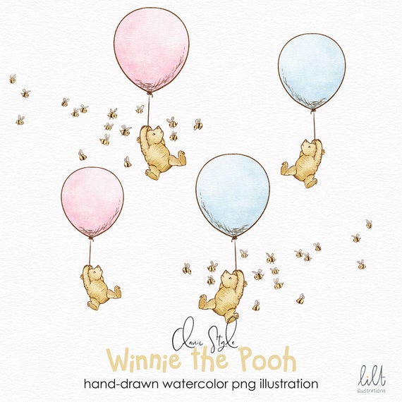 Watercolor Classic Style Winnie the Pooh Flying with Balloon Clipart, Hand-drawn PNG Illustration, Classic Winnie the Pooh Clipart, L039