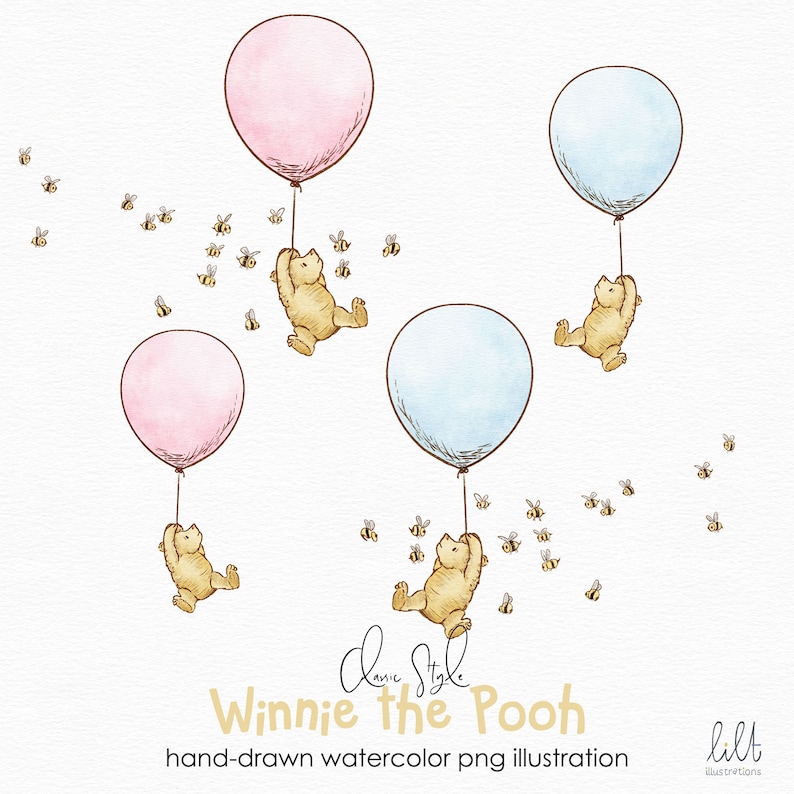 May include: A watercolour illustration of Winnie the Pooh, featuring three bears holding onto pink and blue balloons. The bears are flying through the air with a swarm of bees around them. The text "Winnie the Pooh" is written in cursive at the bottom of the image.