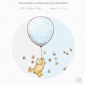 May include: A watercolour illustration of a brown bear holding onto a blue balloon with a string. The bear is surrounded by a swarm of yellow and black bees. The illustration is set against a light blue background.