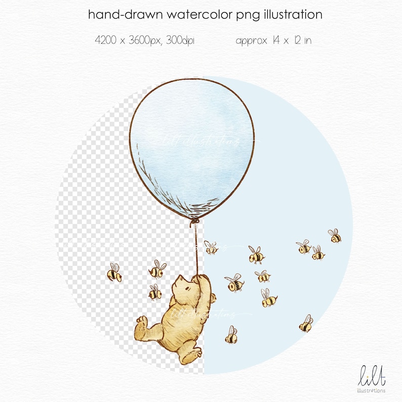 May include: A watercolour illustration of a brown bear holding onto a blue balloon with a string. The bear is surrounded by a swarm of yellow and black bees. The illustration is set against a light blue background.