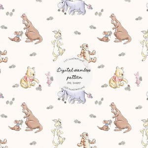 May include: Digital seamless pattern featuring illustrations of Winnie the Pooh characters, including Winnie the Pooh, Piglet, Tigger, Eeyore, Rabbit, Kanga, and Roo. The design includes small white flowers on a light pink background.