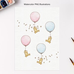 May include: Watercolour illustration of four bears holding onto pink and blue balloons. The bears are flying in the air with a swarm of bees around them.  Watercolour PNG illustrations.