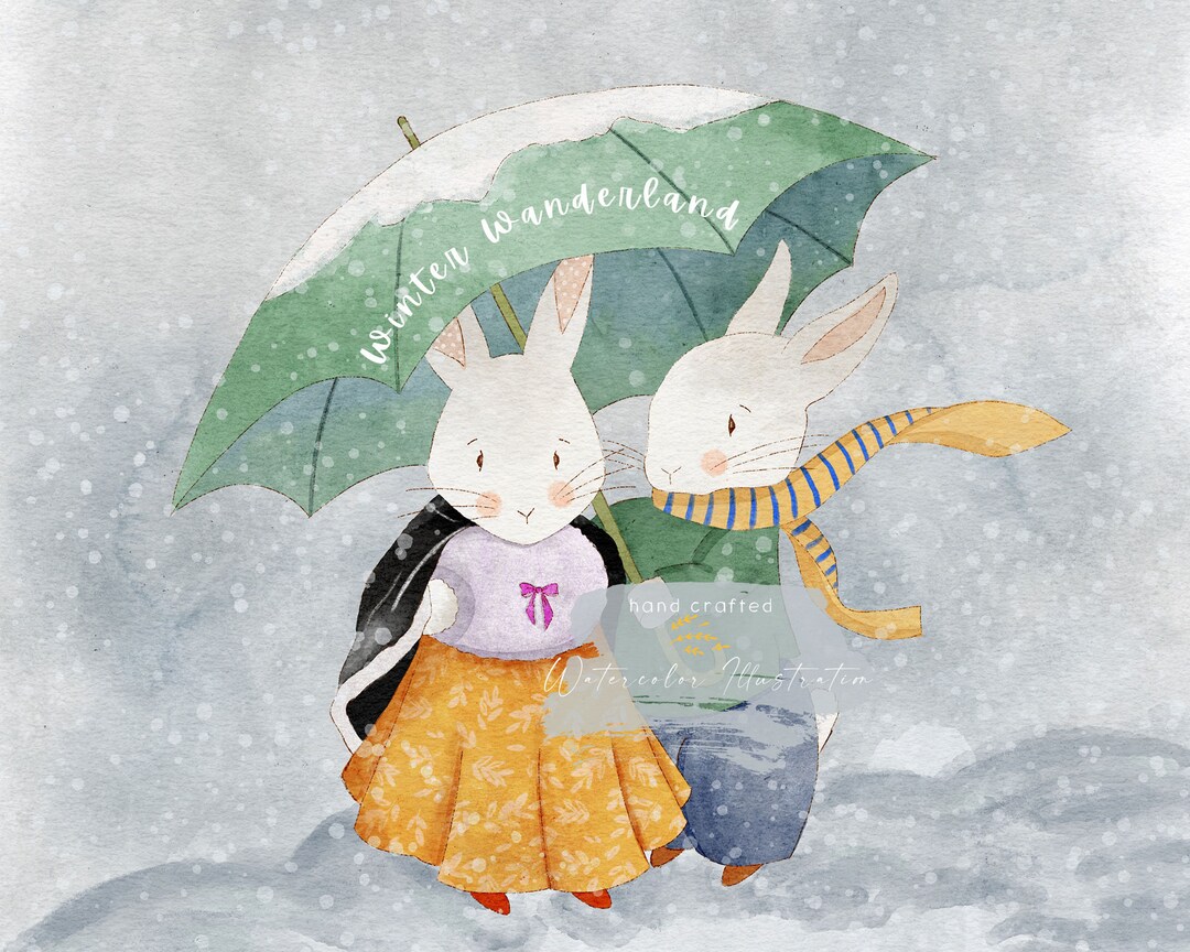 Watercoller Winter Rabbit Winter Wonderland Bunnies, Two Cute Rabbits Shelter From the Snow, Hand ...