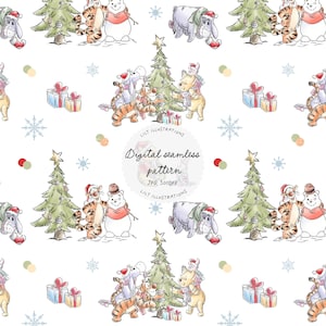 May include: A repeating pattern featuring cartoon characters, Christmas trees, gifts, and snowflakes on a white background. The characters include a bear, tiger, donkey, and snowman, all wearing Santa hats. The text reads "Digital seamless pattern".