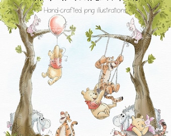 Hand-drawn Winnie the Pooh and Friends PNG Illustrations, Classic Style Winnie the Pooh Clipart, Hand painted Winnie the Pooh, L034