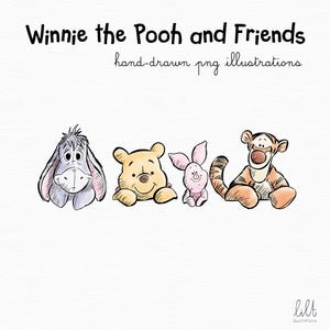 Handgetekende Winnie de Poeh en vrienden-clipart, handgetekende PNG-illustratie, hoge resolutie PNG, klassieke Winnie de Poeh-clipart, L053