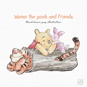 Ilustración PNG de Winnie the Pooh y sus amigos dibujada a mano, clipart de Winnie the Pooh de estilo clásico, Winnie the Pooh pintado a mano, L030