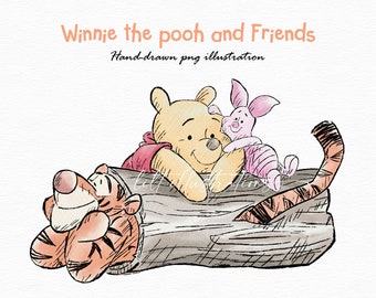 Hand-drawn Winnie the Pooh and Friends PNG Illustration, Classic Style Winnie the Pooh Clipart, Hand painted Winnie the Pooh, L030