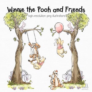 Set van 2 handgetekende Winnie de Poeh en vrienden-clipart, handgetekende PNG-illustratie, hoge resolutie PNG, Winnie de Poeh-clipart, L042