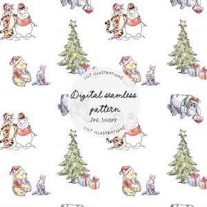 Pode incluir: Padrão digital sem costura com personagens de Winnie the Pooh em tema natalino. O design inclui ilustrações de Pooh, Tigrão, Eeyore e Leitão, juntamente com árvores de Natal e presentes, em um fundo branco.