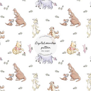 May include: A digital seamless pattern featuring illustrations of Winnie the Pooh characters, including Winnie, Piglet, Tigger, Eeyore, Roo, and Rabbit. The characters are set against a white background with scattered daisy-like flowers. The text "Digital seamless pattern" is also included.