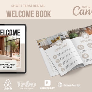 Szablon książki powitalnej, przewodnik powitalny Airbnb, edytowalny podręcznik Canva Air bnb House, eBook Superhost, znaki dla gospodarzy, oznakowanie, wynajem wakacyjny VRBO