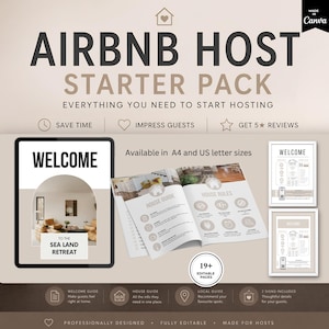Könnte beinhalten: Ein Airbnb Host Starter Pack mit dem Text "Airbnb Host Starter Pack" und "Everything you need to start hosting." Enthält ein Willkommensschild, einen Hausführer und Hausregeln. Erhältlich in A4- und US-Letter-Größen.