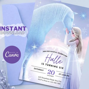 Può includere: Un invito di compleanno blu e viola con un'immagine di Elsa di Frozen in piedi accanto a un cavallo bianco. L'invito dice "Unisciti alla nostra magica celebrazione Halle compie sei anni" e include la data, l'ora e le informazioni RSVP.