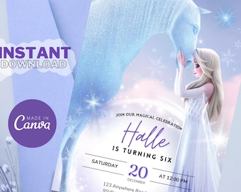 May include: A blue and purple birthday invitation with a picture of Elsa from Frozen standing next to a white horse. The invitation says "Join our magical celebration Halle is turning six" and includes the date, time, and RSVP information.