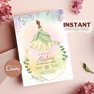 EDITABLE - Princess Tiana, Birthday Invite, Disney Princess, Kids Party Invitation, Tiana Invite, Digital, Printable, Canva, Invitation