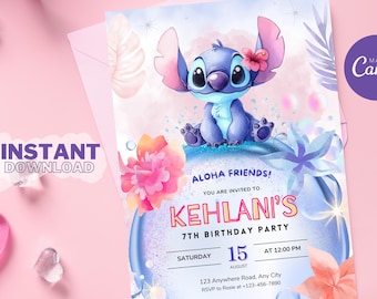May include: A blue Stitch character from Lilo & Stitch is featured on a birthday invitation with a tropical theme. The invitation is for Kehlani's 7th birthday party. The text reads "Aloha Friends! You are invited to Kehlani's 7th Birthday Party. Saturday, August 15th at 12:00 PM. 123 Anywhere Road, Any City. RSVP to Rosie at 123-456-7800."