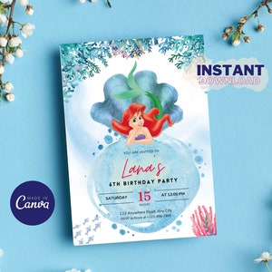 EDITABLE - Little Mermaid Birthday Invitation Ariel Party Invite Little Mermaid Invite Digital Instant Download, Princess Ariel, Printable
