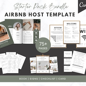 May include: A digital starter pack bundle for Airbnb host templates featuring over 75 pages of documents including welcome books, signage, checklists, and feedback cards. The design uses a sage green and white color palette with black text.