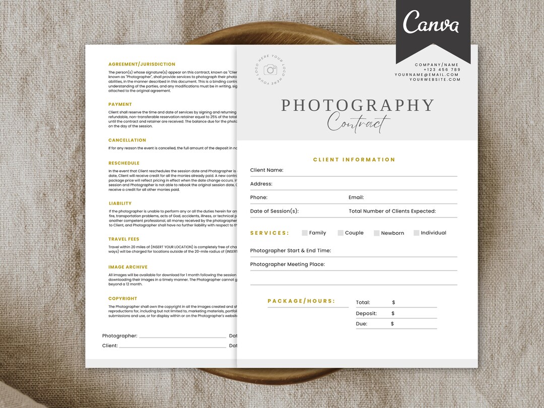 Business Form for Photographers, Photography Client Contract Template, Canva Template, Client ...
