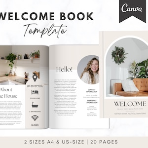 Puede incluir: Una plantilla de libro de bienvenida con una portada beige y blanca. La portada presenta una foto de una sala de estar con un sofá de cuero marrón y una gran planta en maceta. El texto "WELCOME" está en una fuente marrón y el texto "to your home away from home" está en una fuente más pequeña. El texto "123 Main Street, Your City, State 12345" está en la parte inferior de la página.
